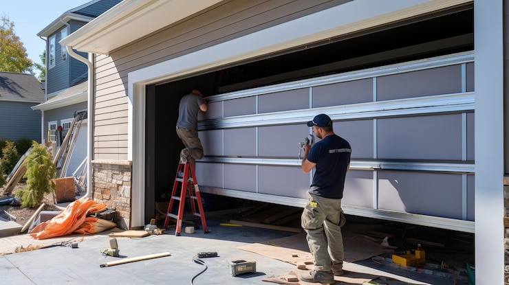 Technicians installing a garage door with precision, showcasing expert installation services for residential properties in South Fort Myers.