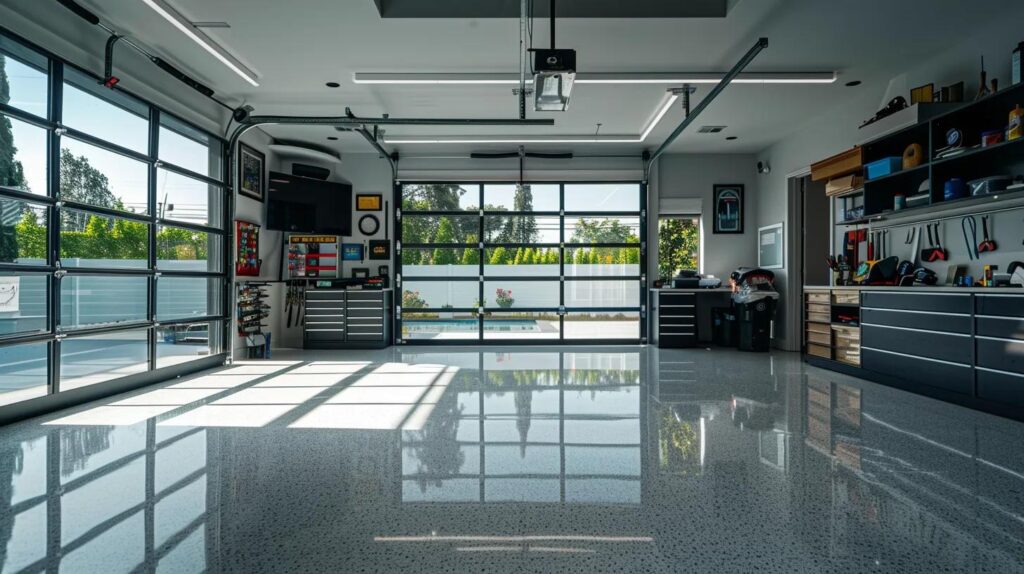 a sleek, modern garage interior in a fort myers home showcases an array of high-quality repair tools, emphasizing the professionalism and precision of garage door repair services.