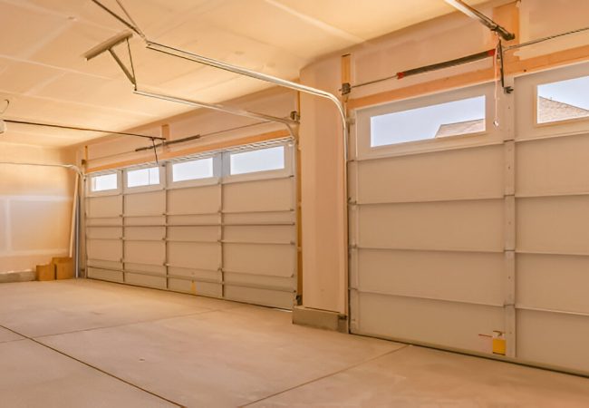 Garage interior featuring two modern garage doors with windows, showcasing a clean and spacious environment, relevant to garage door installation and repair services in South Fort Myers.